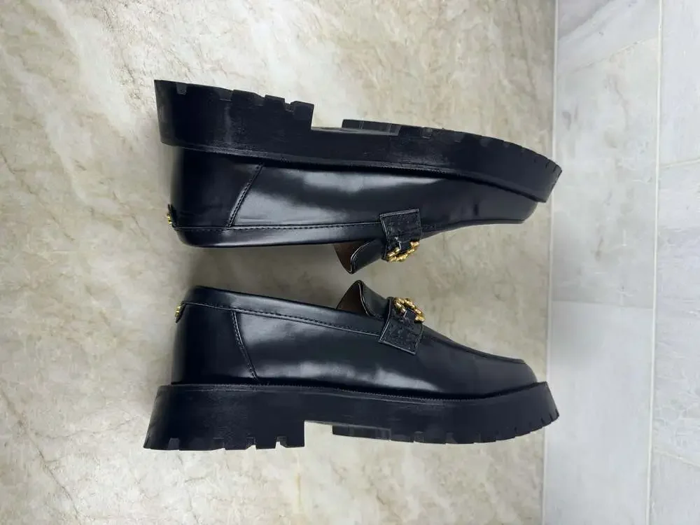 Sam & Libby Black Loafers with Gold Chain Detail